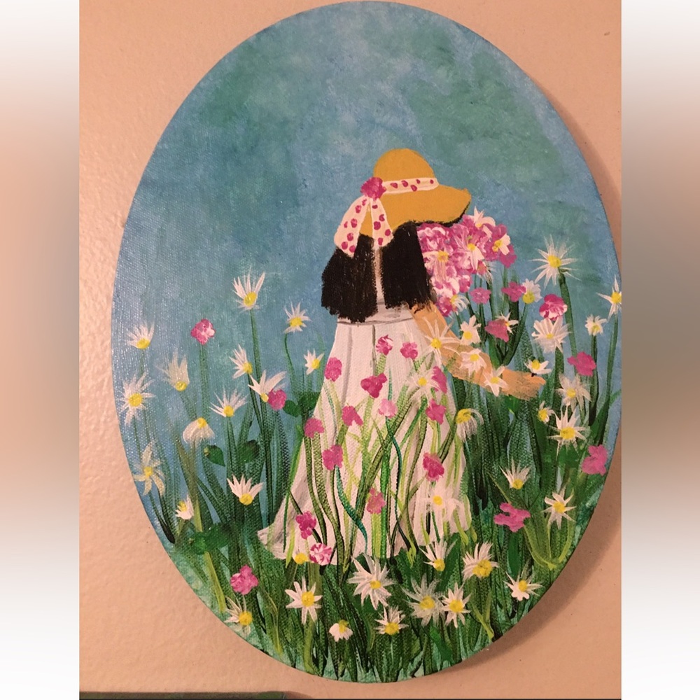 Emily” Original Acrylic Floral Painting | Cottagecore Meadow | 12x9 Oval Canvas